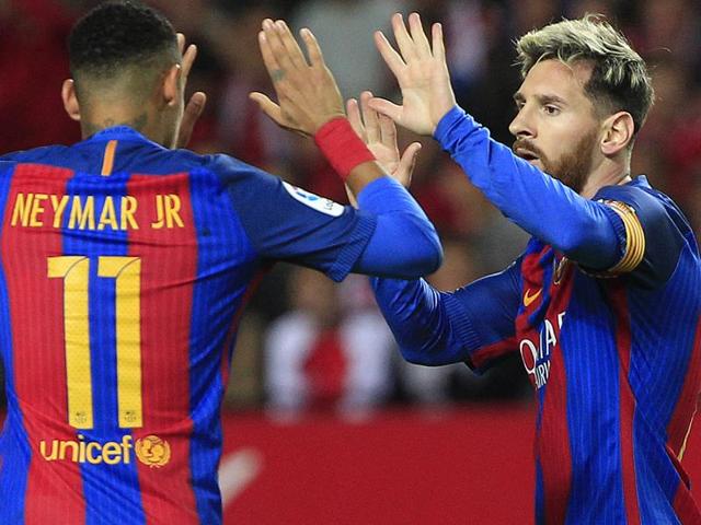 Barcelona's Lionel Messi celebrates after scoring. (REUTERS) Barcelona's Lionel Messi celebrates after scoring. (REUTERS)