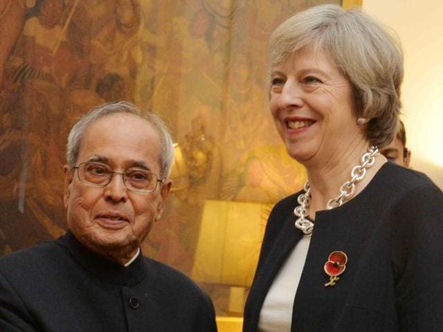 UK Prime Minister Theresa May meets Indian President Pranab Mukherjee at Rashtrapati Bhavan on Monday. (Rashtrapati Bhavan on Twitter) UK Prime Minister Theresa May meets Indian President Pranab Mukherjee at Rashtrapati Bhavan on Monday. (Rashtrapati Bhavan on Twitter)