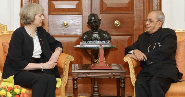 Britain's Prime Minister Theresa May (L) speaks with India's President Pranab Mukherjee during a meeting at Rashtrapati Bhawan in New Delhi. Britain's Prime Minister Theresa May has pledged to make it easier to do business with India, seeking to boost trade with the world's fastest growing major economy ahead of Brexit, but gave little ground on a key visa demand. (AFP/PIB) Britain's Prime Minister Theresa May (L) speaks with India's President Pranab Mukherjee during a meeting at Rashtrapati Bhawan in New Delhi. Britain's Prime Minister Theresa May has pledged to make it easier to do business with India, seeking to boost trade with the world's fastest growing major economy ahead of Brexit, but gave little ground on a key visa demand. (AFP/PIB)