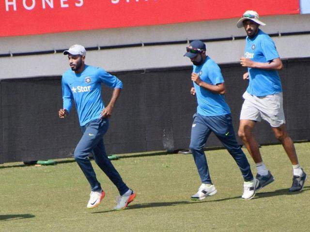 Hardik Pandya, Mohammad Shami and Ishant Sharma during training. One of them may have to sit out in Rajkot. (PTI)