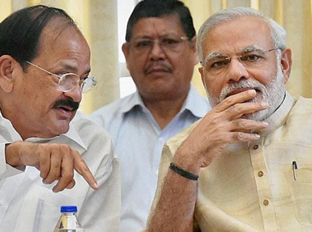 Prime Minister Narendra Modi with parliamentary affairs minister M Venkaiah Naidu during an all-party meeting at Parliament House in New Delhi.(PTI File Photo)