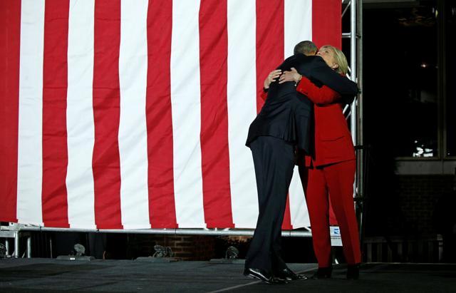 US President Barack Obama and Democratic presidential candidate Hillary Clinton embrace at a campaign rally for Clinton in Philadelphia. (Reuters Photo) US President Barack Obama and Democratic presidential candidate Hillary Clinton embrace at a campaign rally for Clinton in Philadelphia. (Reuters Photo)