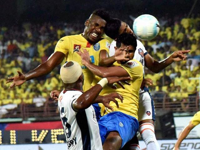 Players of Kerala Blasters FC (Yellow Jersey) and FC Goa in action during their match. (PTI Photo) Players of Kerala Blasters FC (Yellow Jersey) and FC Goa in action during their match. (PTI Photo)