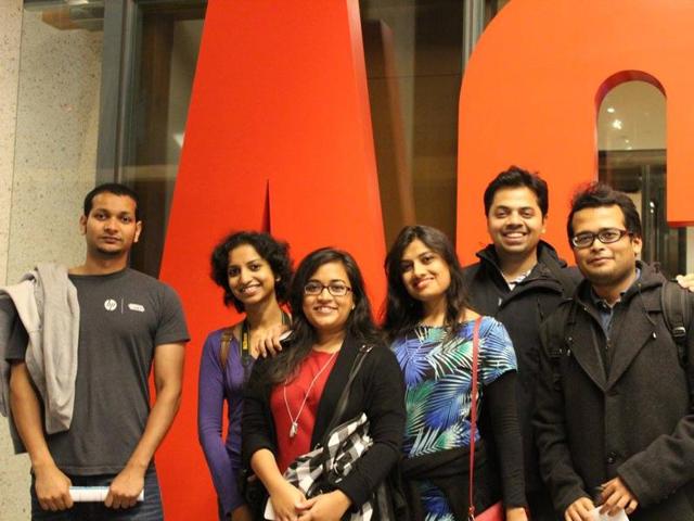 Indians in Canada (from left) Ankit Jain, Sushmita Prasad, Shrestha Roy Goswami, Medha Sharma, Shehbaz Jaffer, and Tirthankar Mitra at the Art Gallery of Ontario on Nuit Blanche - a cultural fest.(Handout)