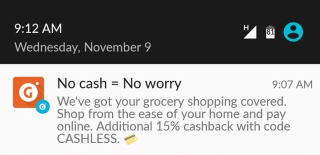 (A screenshot of the push notification from Grofers Mobile App. ) (A screenshot of the push notification from Grofers Mobile App. )