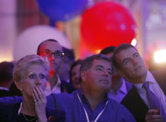 People react to results on a TV screen during an Election Night Party at the United States Embassy in London. (AP Photo) People react to results on a TV screen during an Election Night Party at the United States Embassy in London. (AP Photo)
