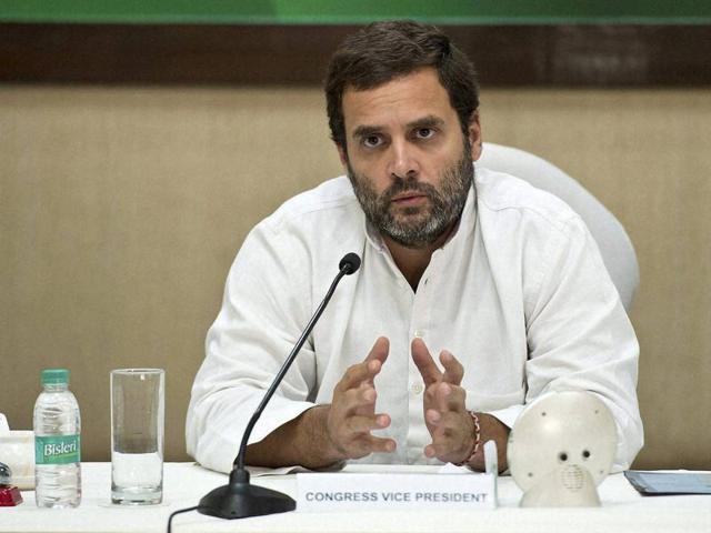 Congress vice-president Rahul Gandhi at Congress Working Committee meeting at AICC HQ in New Delhi on Monday.(PTI)