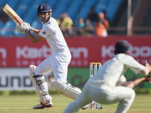 England's captain Alastair Cook looks back after playing a shot as India's Ajinkya Rahane attempts to take a catch. (AFP photo) England's captain Alastair Cook looks back after playing a shot as India's Ajinkya Rahane attempts to take a catch. (AFP photo)