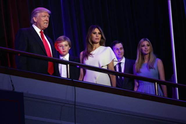 President-elect Donald Trump, left, arrives to speak at an election night rally in New York. From left, Trump, his son Barron, wife Melania, Jared Kushner, and Ivanka Trump. (AP Photo)