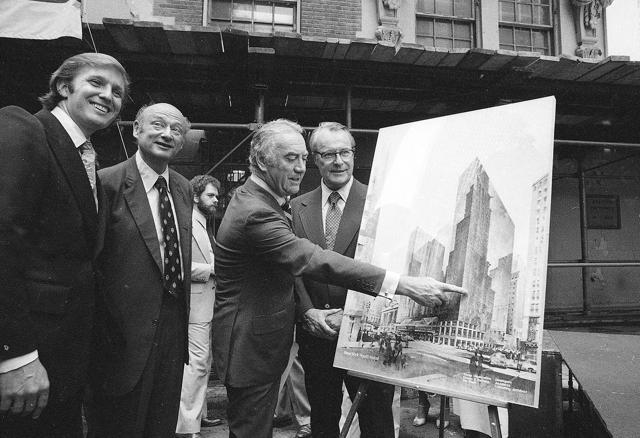 In this June 28, 1978 photo, governor Hugh Carey points to an artists' conception of the new New York Hyatt Hotel/Convention facility that was to be built on the site of the former Commordore Hotel. Donald Trump stands on the left. (AP File Photo) In this June 28, 1978 photo, governor Hugh Carey points to an artists' conception of the new New York Hyatt Hotel/Convention facility that was to be built on the site of the former Commordore Hotel. Donald Trump stands on the left. (AP File Photo)