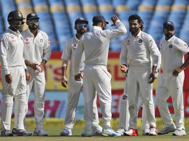 Indian players celebrate the wicket of England's cricket captain Alastair Cook. (AP photo) Indian players celebrate the wicket of England's cricket captain Alastair Cook. (AP photo)