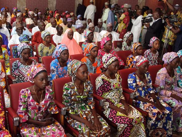 The 21 Chibok girls who were released by Boko Haram last week attend a meeting with the Nigerian President at the State House in Abuja, Nigeria. (AFP) The 21 Chibok girls who were released by Boko Haram last week attend a meeting with the Nigerian President at the State House in Abuja, Nigeria. (AFP)