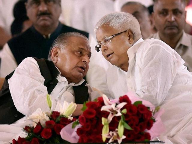 Samajawdi Party supremo Mulayam Singh Yadav with RJD chief Lalu Prasad Yadav during the Samajwadi Party's 25th foundation day celebrations in Lucknow on Saturday. (PTI) Samajawdi Party supremo Mulayam Singh Yadav with RJD chief Lalu Prasad Yadav during the Samajwadi Party's 25th foundation day celebrations in Lucknow on Saturday. (PTI)