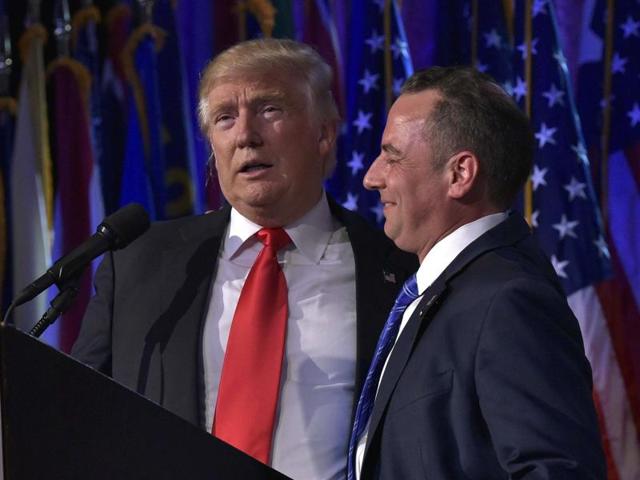 US President-elect Donald Trump gives a speech next to chairman of the Republican National Committee (RNC) Reince Priebus during election night in New York.(AFP Photo)