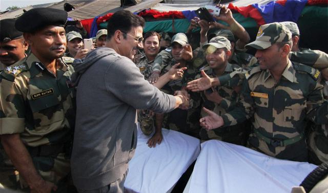 Akshay Kumar met and shared stories with the jawans during his visit. (PTI Photo)