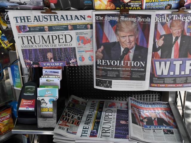 Newspapers in Sydney show the headlines of Donald Trump's election victory the day after the US presidential elections. (AFP) Newspapers in Sydney show the headlines of Donald Trump's election victory the day after the US presidential elections. (AFP)