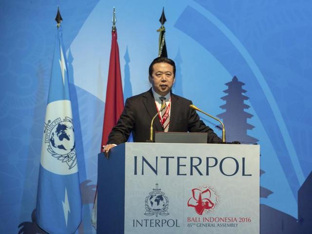In this photo released by Xinhua News Agency, China's vice minister of Public Security Meng Hongwei delivers a campaign speech at the 85th session of the general assembly of the International Criminal Police Organization (Interpol), in Bali, Indonesia. (AP) In this photo released by Xinhua News Agency, China's vice minister of Public Security Meng Hongwei delivers a campaign speech at the 85th session of the general assembly of the International Criminal Police Organization (Interpol), in Bali, Indonesia. (AP)