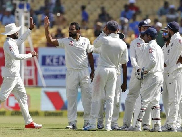 India's Mohammed Shami (2nd L) celebrates with his teammates after taking the wicket of England's Jonny Bairstow. (REUTERS) India's Mohammed Shami (2nd L) celebrates with his teammates after taking the wicket of England's Jonny Bairstow. (REUTERS)