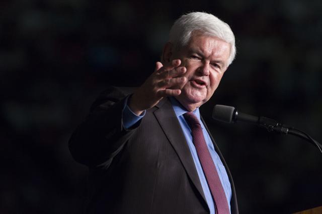 Former House Speaker Newt Gingrich introduces Republican presidential candidate Donald Trump during a campaign rally in Ft. Myers. (AP File Photo)