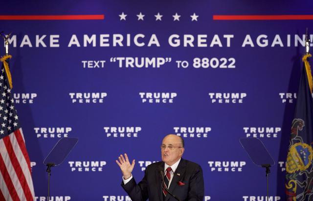 Former mayor of New York City Rudy Giuliani introduces Donald Trump during an event at the Eisenhower Hotel and Conference Center in Gettysburg, Pennsylvania. (AFP Photo)