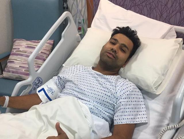 Rohit Sharma tweeted a picture of himself from the hospital bed after he underwent surgery on his right upper quadriceps tendon in London(Twitter.com) Rohit Sharma tweeted a picture of himself from the hospital bed after he underwent surgery on his right upper quadriceps tendon in London(Twitter.com)