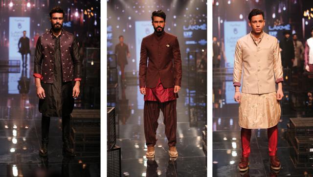 (From left) Go for contrast lining, model wearing a kurta with red bandhgala, model sporting a red churidar (Photo courtesy: Kunal Rawal) (From left) Go for contrast lining, model wearing a kurta with red bandhgala, model sporting a red churidar (Photo courtesy: Kunal Rawal)