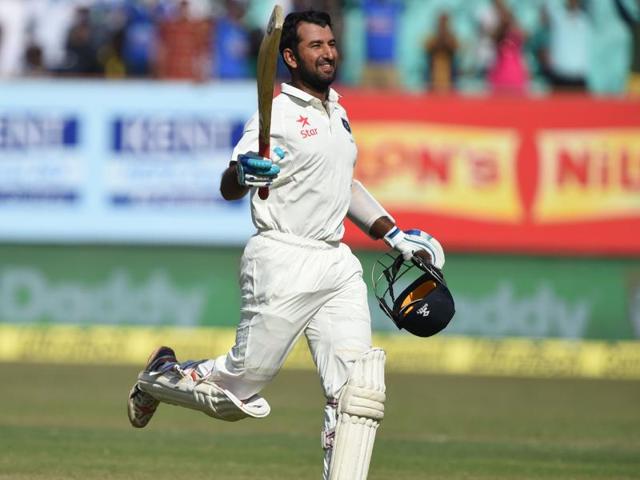 Cheteshwar Pujara marked Rajkot’s debut as a Test venue with a ton. (REUTERS) Cheteshwar Pujara marked Rajkot’s debut as a Test venue with a ton. (REUTERS)