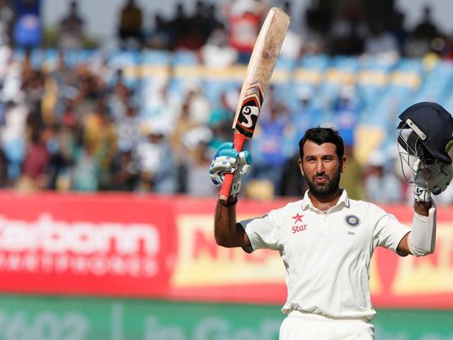 Cheteshwar Pujara notched up his ninth Test century and his third against England. It was the first century by an Indian batsman at the Saurashtra Cricket Assocaition stadium. (BCCI) 