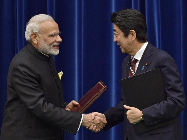 Prime Minister Narendra Modi, left, and Japanese Prime Minister Shinzo Abe shake hands joint press conference at Abe's official residence in Tokyo, Japan. (AP Photo) Prime Minister Narendra Modi, left, and Japanese Prime Minister Shinzo Abe shake hands joint press conference at Abe's official residence in Tokyo, Japan. (AP Photo)