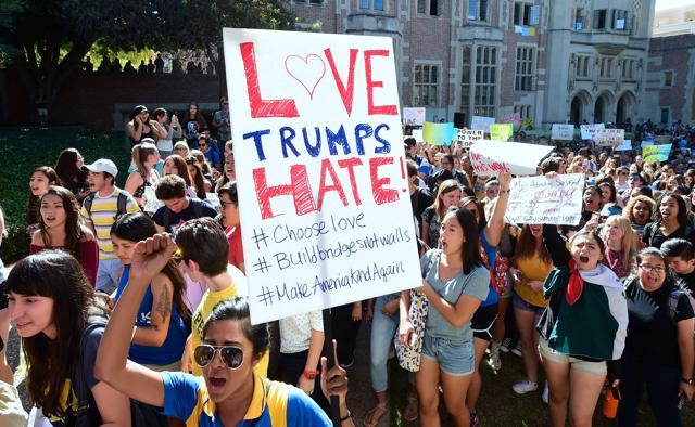 University of California Los Angeles students march through campus on Thursday in Los Angeles, California, during a "Love Trumps Hate" rally in reaction to President-elect Donald Trump's victory in the presidential elections. (AFP Photo) University of California Los Angeles students march through campus on Thursday in Los Angeles, California, during a "Love Trumps Hate" rally in reaction to President-elect Donald Trump's victory in the presidential elections. (AFP Photo)