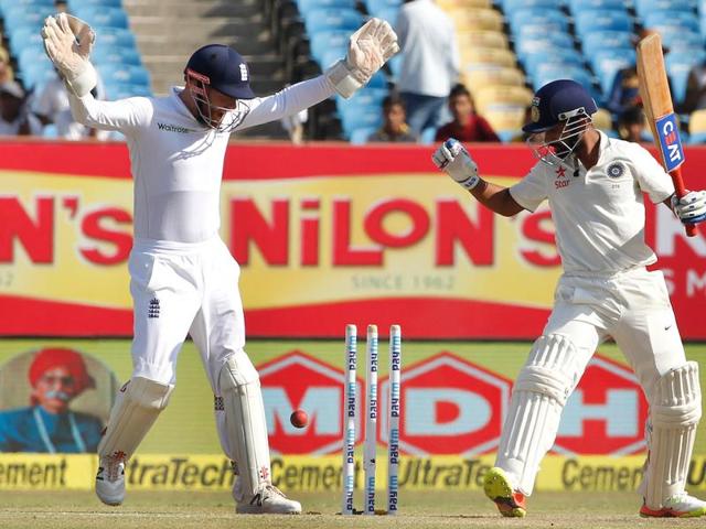 Resuming on 319/4, India started off steadily before Zafar Ansari sent back Ajinkya Rahane for 13 with a delivery that straightened on middle stump. (BCCI) Resuming on 319/4, India started off steadily before Zafar Ansari sent back Ajinkya Rahane for 13 with a delivery that straightened on middle stump. (BCCI)