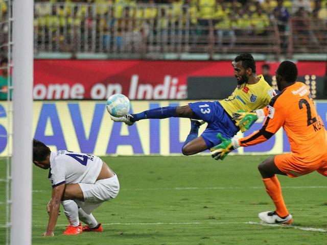CK Vineeth of Kerala Blasters FC scores, following a defensive lapse, against Chennaiyin FC at the Jawaharlal Nehru Stadium in Kochi. CK Vineeth of Kerala Blasters FC scores, following a defensive lapse, against Chennaiyin FC at the Jawaharlal Nehru Stadium in Kochi.