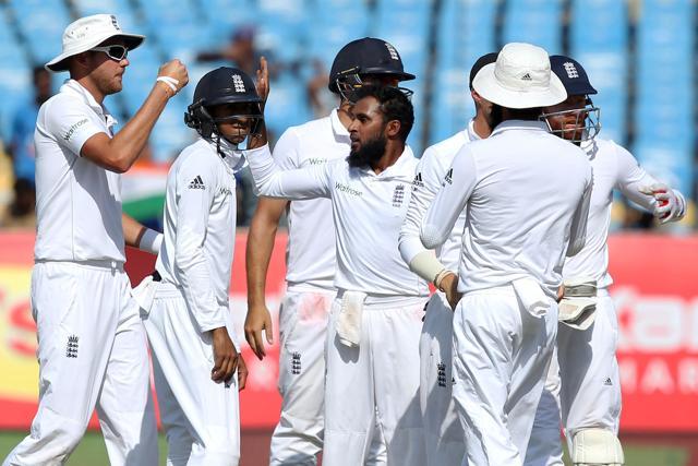 Adil Rashid took the key wicket of Cheteshwar Pujara just before tea on the final day of the Rajkot Test. (BCCI) Adil Rashid took the key wicket of Cheteshwar Pujara just before tea on the final day of the Rajkot Test. (BCCI)