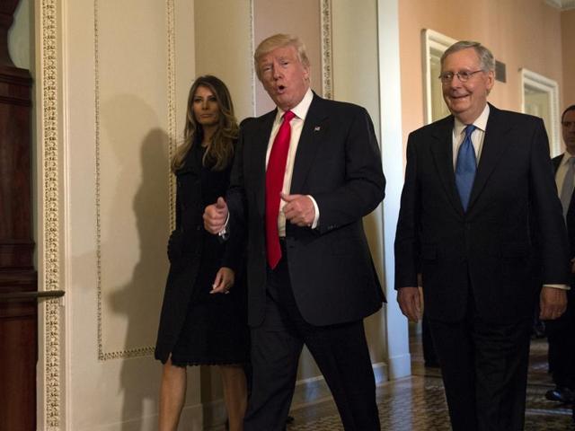 President-elect Donald Trump, accompanied by his wife Melania, and Senate Majority Leader Mitch McConnell of Ky., gestures while walking on Capitol Hill in Washington.(AP Photo)