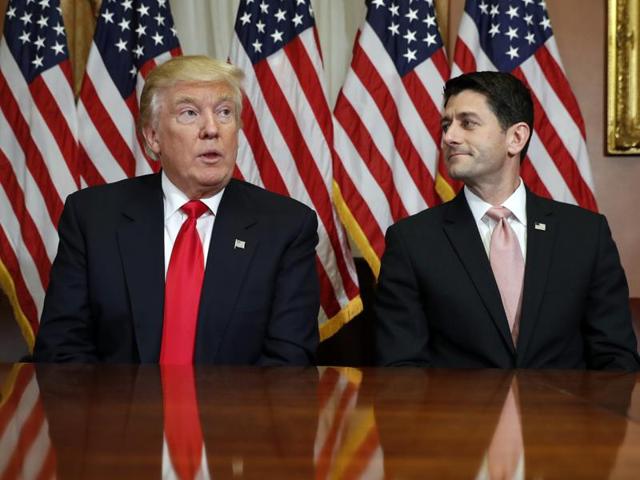 President-elect Donald Trump and House Speaker Paul Ryan of Wisconsin, pose for photographers after a meeting in the Speaker's office on Capitol Hill in Washington.(AP Photo)