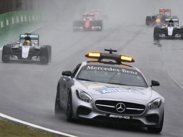 The red flag was brought out on the 20th lap and again eight laps later as heavy rain caused chaos to the potentially title-deciding race. (REUTERS) The red flag was brought out on the 20th lap and again eight laps later as heavy rain caused chaos to the potentially title-deciding race. (REUTERS)
