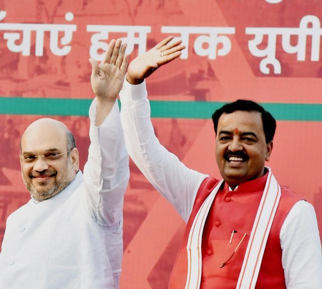 BJP national president Amit Shah with UP state BJP president K P Maurya during 'UP Ke Mann Ki Baat' function in Lucknow on Saturday. (PTI) BJP national president Amit Shah with UP state BJP president K P Maurya during 'UP Ke Mann Ki Baat' function in Lucknow on Saturday. (PTI)