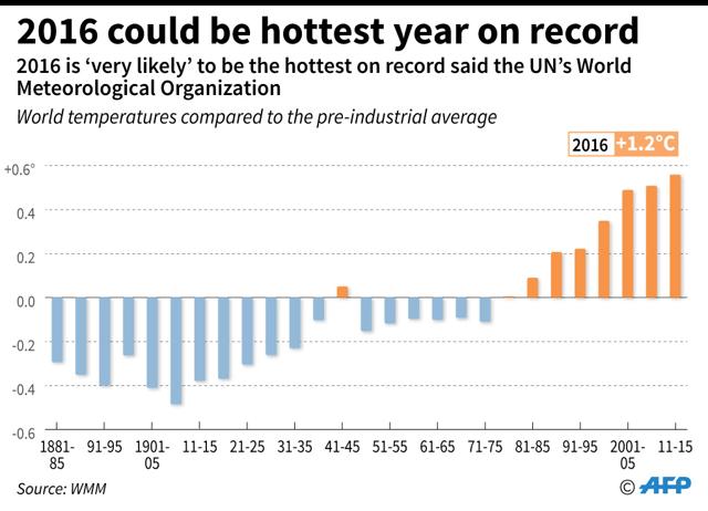 World temperatures over five-year periods, from the 1880s to 2015, measured against the pre-industrial average. (AFP) World temperatures over five-year periods, from the 1880s to 2015, measured against the pre-industrial average. (AFP)