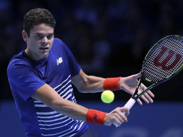 Canada's Milos Raonic plays a return to France's Gael Monfils during their ATP World Tour Finals match. (AP) Canada's Milos Raonic plays a return to France's Gael Monfils during their ATP World Tour Finals match. (AP)