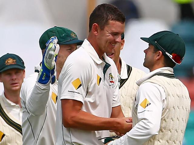 Australia's Josh Hazlewood celebrates with team mates after dismissing South Africa's Vernon Philander.(REUTERS)