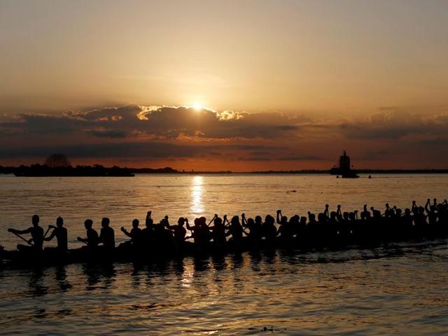 Participants power their boat during the annual Water Festival on the Tonle Sap river in Phnom Penh, Cambodia on Monday. (Reuters) Participants power their boat during the annual Water Festival on the Tonle Sap river in Phnom Penh, Cambodia on Monday. (Reuters)