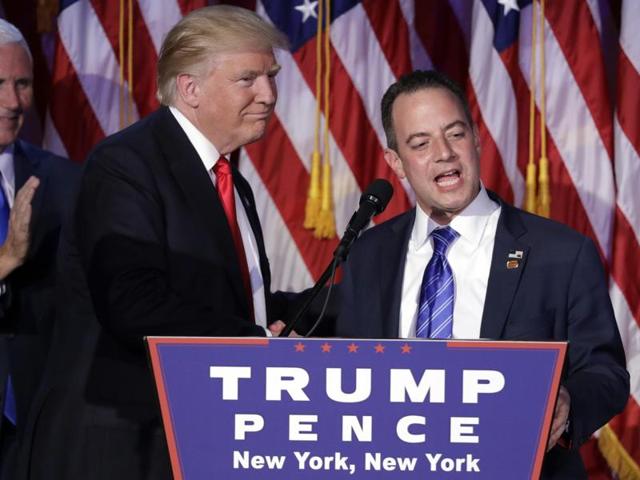 In this November 9, 2016, photo, President-elect Donald Trump stands with Republican National Committee chairman Reince Priebus during an election night rally in New York. Trump on Sunday named Priebus as his White House chief of staff. (AP) In this November 9, 2016, photo, President-elect Donald Trump stands with Republican National Committee chairman Reince Priebus during an election night rally in New York. Trump on Sunday named Priebus as his White House chief of staff. (AP)