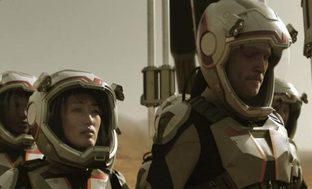 Mars even kicks off the same way as The Martian: A few astronauts trying to escape a cruel dust storm on the red planet in the night with one of them quite grievously injured. (National Geographic Channel)