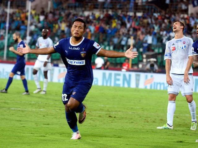 Chennaiyin FC’s Jeje Lalpekhlua celebrates after scoring against Pune City. (PTI) Chennaiyin FC’s Jeje Lalpekhlua celebrates after scoring against Pune City. (PTI)