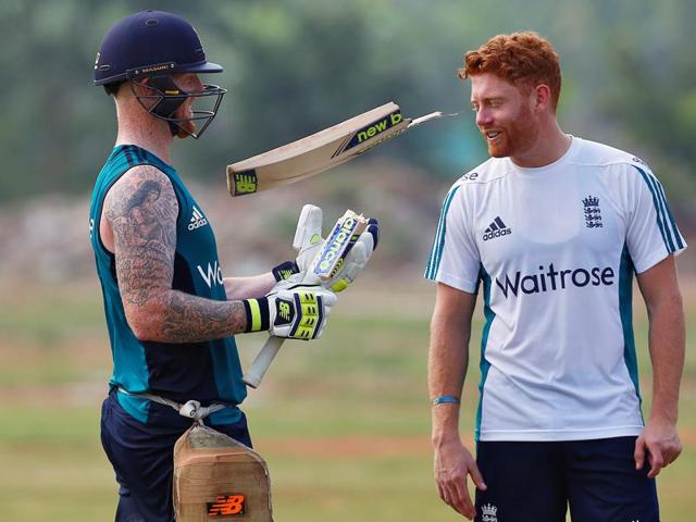England's Ben Stokes (left) tosses his broken bat as Jonny Bairstow looks on. Both were fairly comfortable against the India spinners in Rajkot and will hope to carry their good form in Visakhapatnam. (REUTERS)