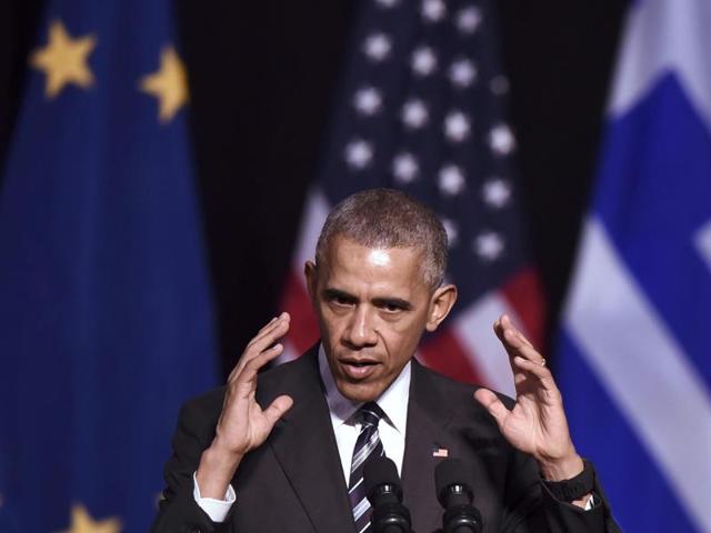 US President Barack Obama gestures as he speaks at the Niarchos foundation in Athens on Wednesday. (AFP Photo) US President Barack Obama gestures as he speaks at the Niarchos foundation in Athens on Wednesday. (AFP Photo)