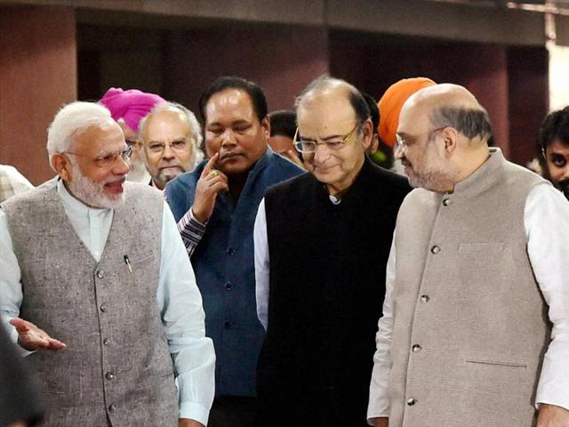Prime Minister Narendra Modi, BJP President Amit Shah and Union Ministers, M Venkaiah Naidu, Ananth Kumar and Ram Vilas Paswan leave after NDA meeting at Parliament house in New Delhi on Monday (PTI) Prime Minister Narendra Modi, BJP President Amit Shah and Union Ministers, M Venkaiah Naidu, Ananth Kumar and Ram Vilas Paswan leave after NDA meeting at Parliament house in New Delhi on Monday (PTI)