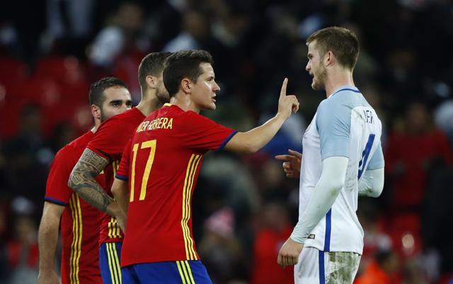 Spain's Ander Herrera clashes with England's Eric Dier after the end of the friendly which saw the match end in a tense 2-2 draw. (REUTERS) Spain's Ander Herrera clashes with England's Eric Dier after the end of the friendly which saw the match end in a tense 2-2 draw. (REUTERS)