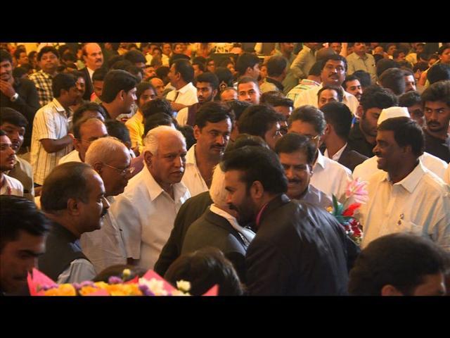 Former Karnataka chief minister and state BJP chief BS Yeddyurappa attending an event related to the wedding of G Janardhan Reddy’s daughter’s in Bengaluru on Tuesday. (HT photo) Former Karnataka chief minister and state BJP chief BS Yeddyurappa attending an event related to the wedding of G Janardhan Reddy’s daughter’s in Bengaluru on Tuesday. (HT photo)