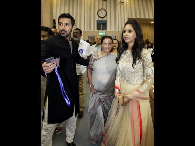 John Abraham with wife Priya at the National Film Awards ceremony in 2013. (HTPHoto)
